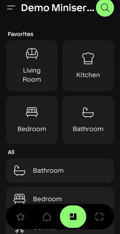 The Loxone app home screen showing room favourites: living room, kitchen, bedroom and bathroom.